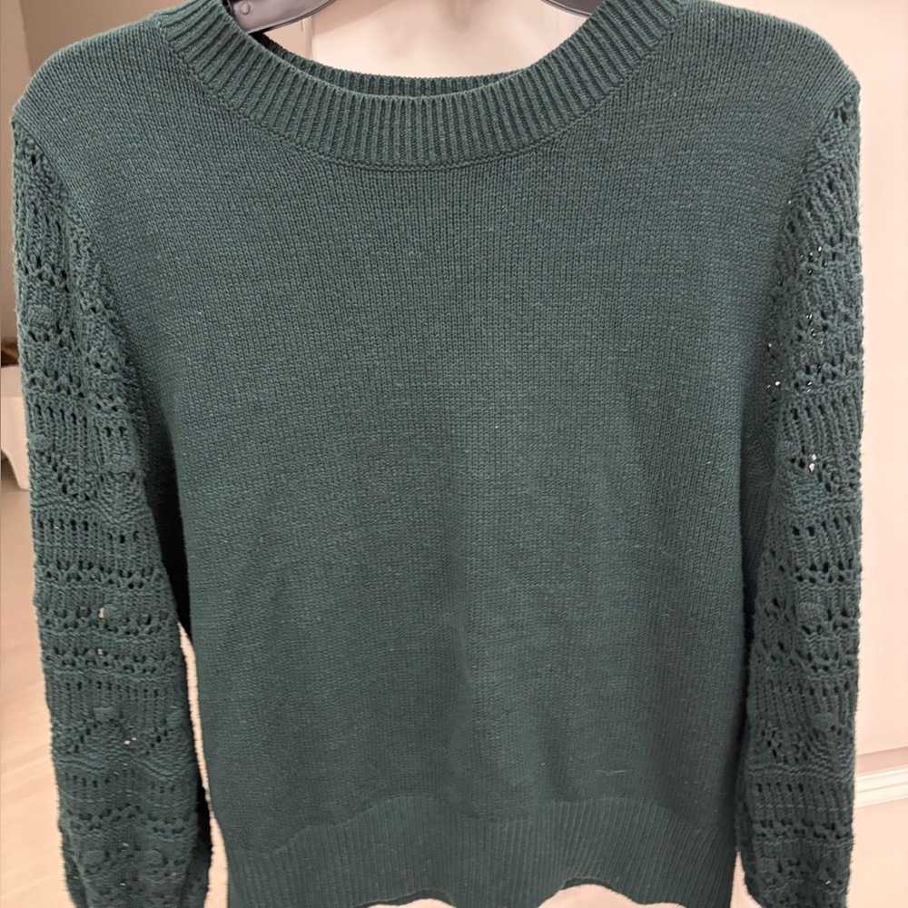 Evereve Women's Green Sweater with crochet sleeves